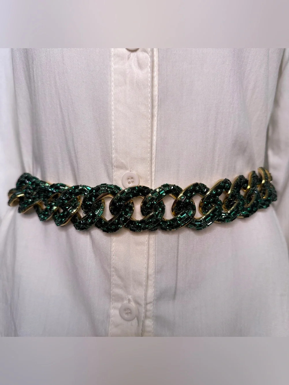 Gold tone metal chain belt with green plastic links